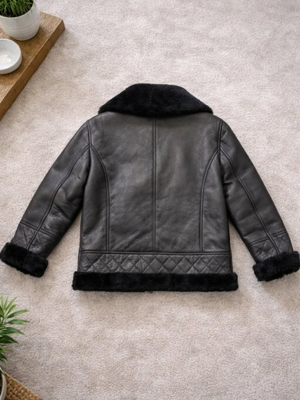 Shearling Aviator Jacket Womens Black 100% Sheepskin Leather B3 Bomber Coat XL - Picture 10 of 10